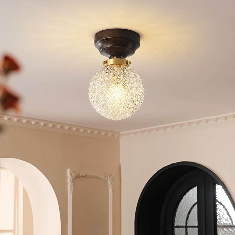 法式实木玻璃吸顶灯入户玄关灯中古风走廊过道灯美式复古阳台灯