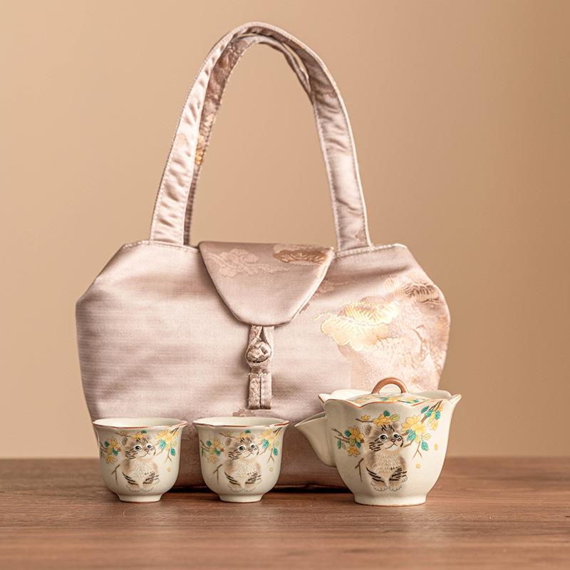 汝瓷黄花萌猫旅行茶具便携式陶瓷茶壶茶杯户外泡茶一壶两杯小套装