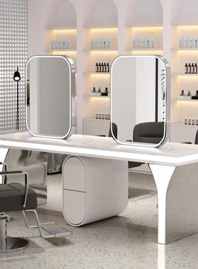 新款理发店镜子发廊专用烫染镜台美发店剪发六人镜柜一体双面镜