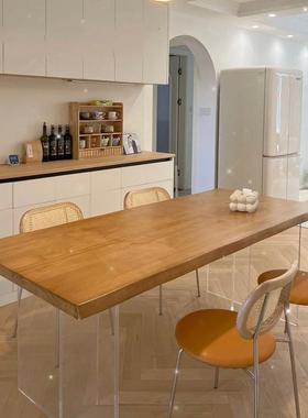 亚克力实木悬浮餐桌椅小户型原木风客厅书桌电脑桌长方形吃饭桌子