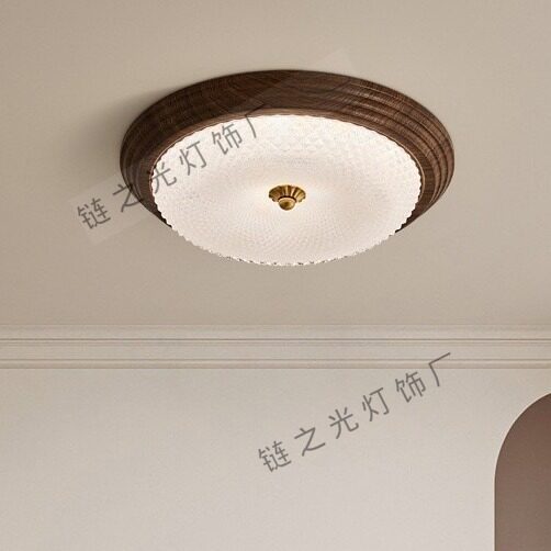 复古全光谱法式中古简约奶油风木纹色吸顶灯圆形护眼书房阳台灯具
