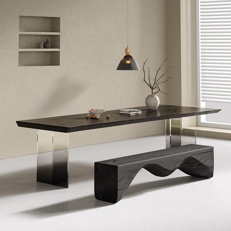 新中式实木茶桌黑色碳化大板餐桌亚克力渐变书桌茶台会议桌办公桌