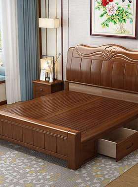 新中式橡木全实木1米5收纳床现代简约小户型家用卧室1米8双人婚床