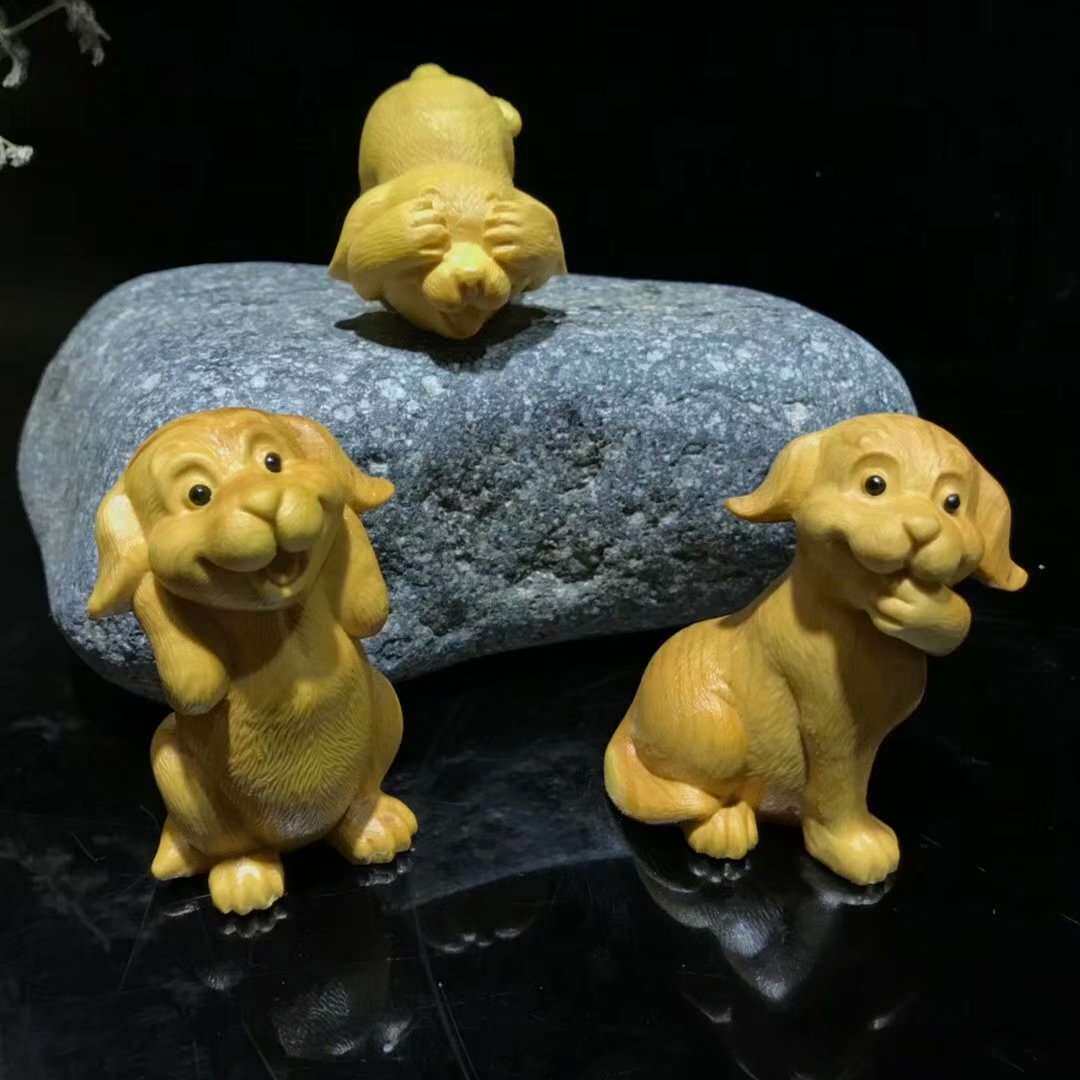 湖北小叶黄杨木精雕三不狗呆萌可爱小狗狗茶宠木质工艺品手把摆件