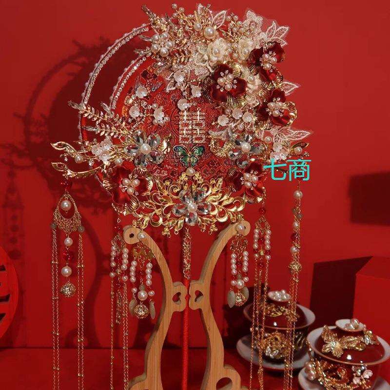 团扇结婚新娘秀禾材料包中式出嫁喜扇明制手工婚扇子成品双面