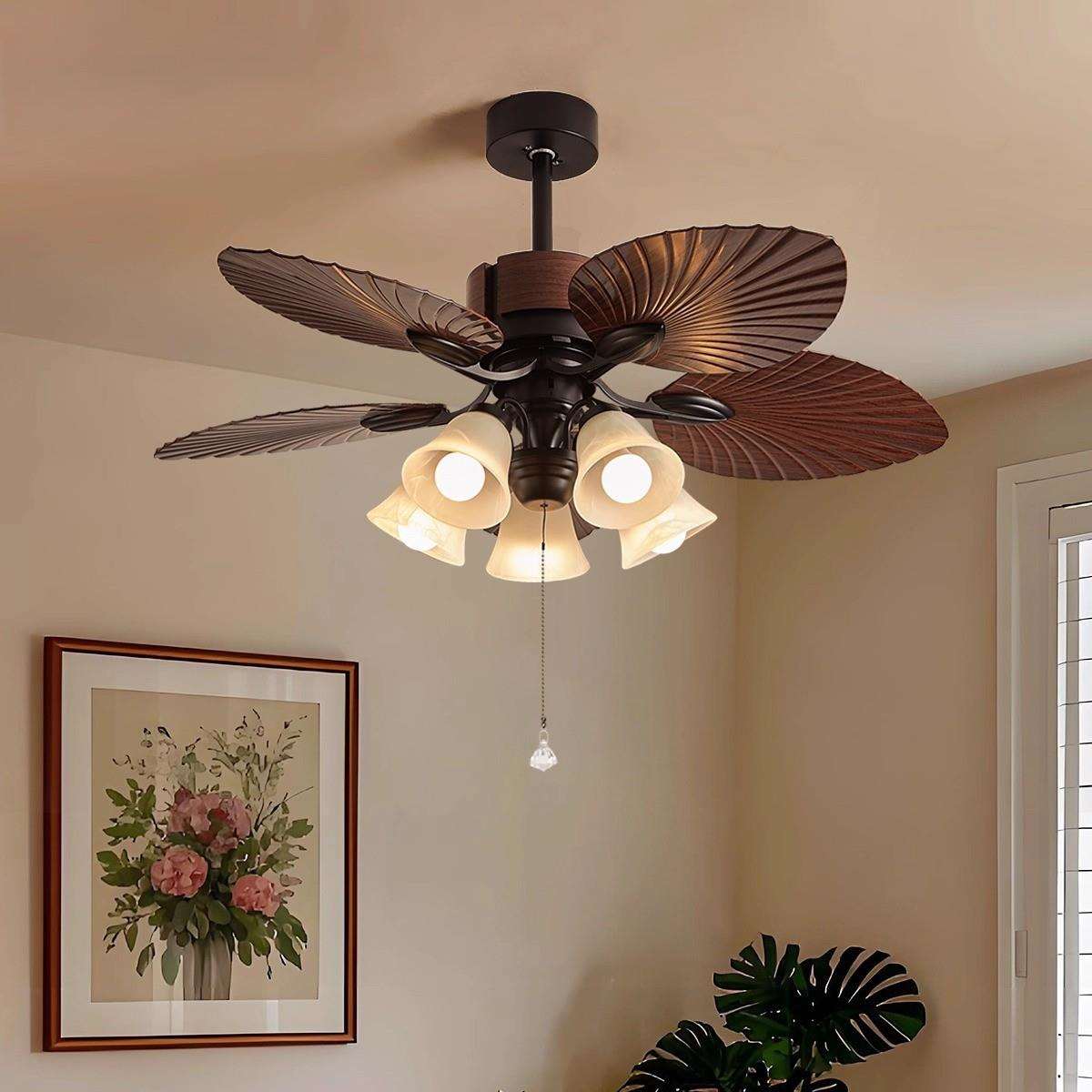 法式中古风扇灯大风力东南亚南洋芭蕉叶家用客厅餐厅复古风扇吊灯