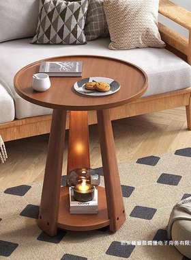 北欧简约沙发边几家用客厅双层小圆桌实木茶几可移动卧室小茶几