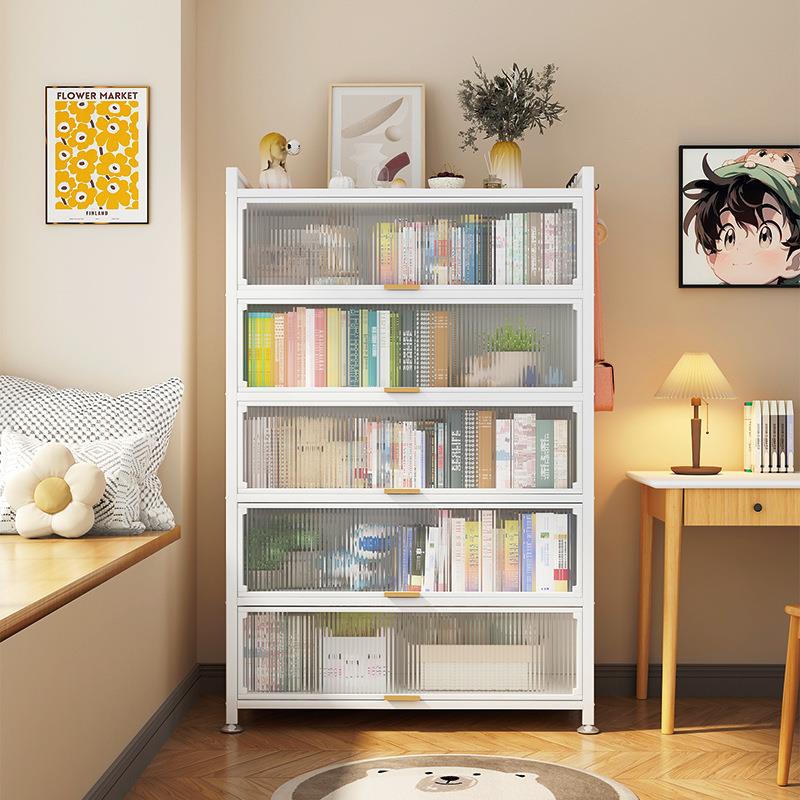 钢制书柜带门家用儿童书架落地透明上翻门收纳柜多层储物柜展示架