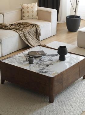 意式轻奢北美黑胡桃木岩板茶几客厅正方形茶台家用简约实木茶桌