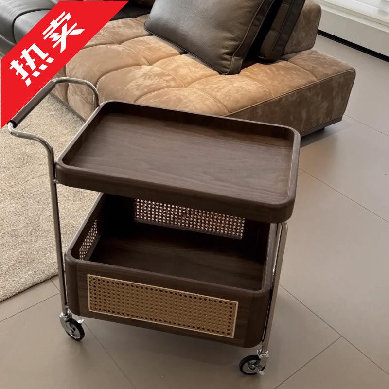 ir中古风实木边几黑胡桃木收纳推车小边几客厅沙发藤编可移动小茶