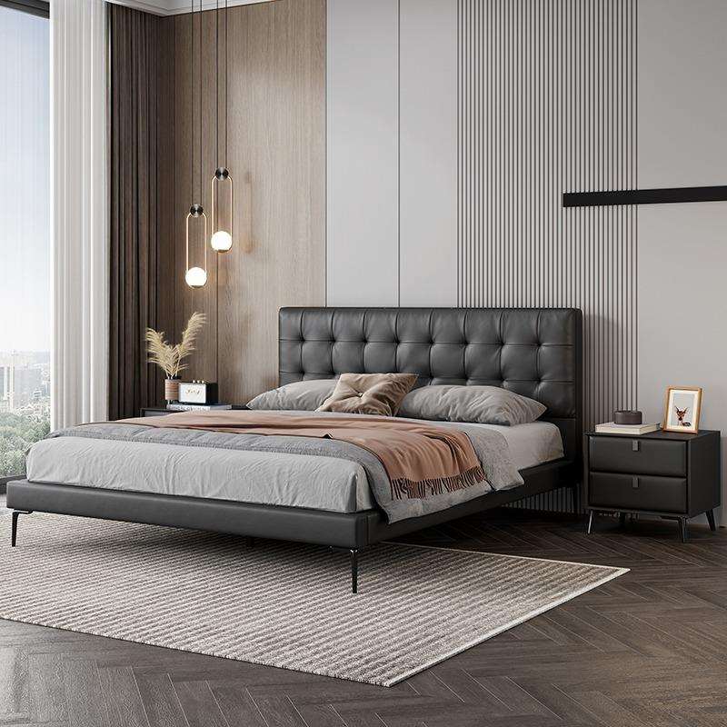 中古风真皮床现代简约主卧1.8m拉扣复古双人床小户型齐边单人床