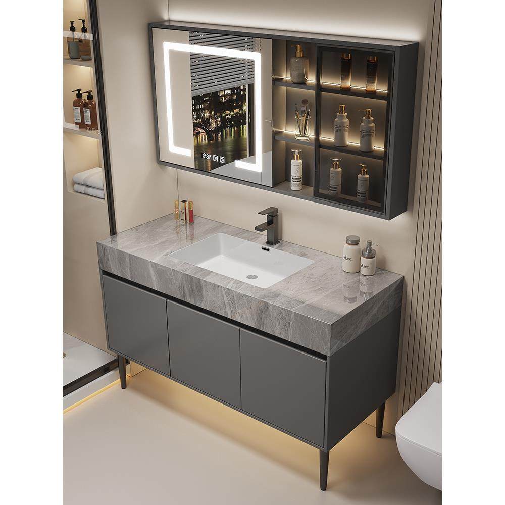 my岩板无缝陶瓷一体盆落地式浴室柜组合卫生间洗手台洗脸洗漱池轻