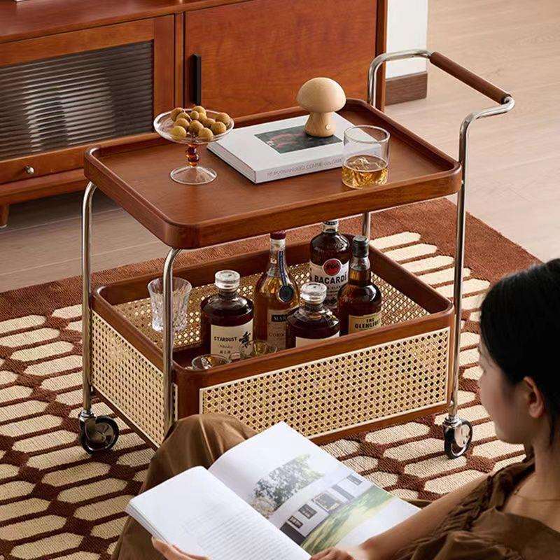 工厂直销复古实木边几黑胡桃木收纳小推车客厅沙发藤编置物边柜