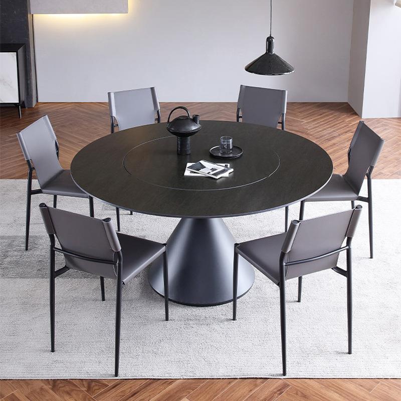 岩板餐桌转盘内嵌式旋转设计师别墅家用意式极简小户型黑色圆饭桌