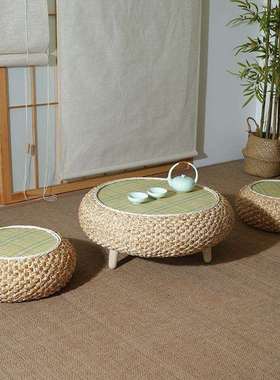 圆形手工草编榻榻米藤编桌子日式茶桌飘窗阳台民宿炕桌小茶几