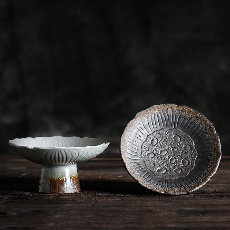 手工复古日式粗陶茶点盘 高脚点心盘零食盘干果盘 创意莲花水果盘