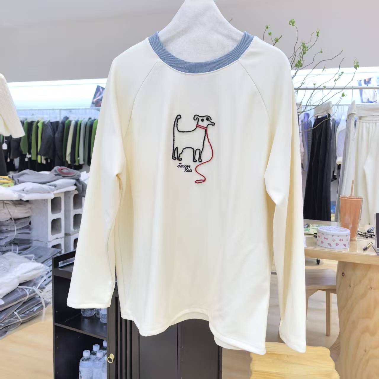 S6366喜  撞色复古长袖T恤宽松版型百搭打底上衣