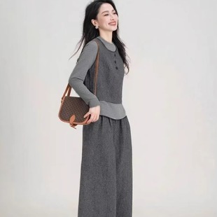 T287 时尚套装三件套长袖气质简约长裤阔腿裤加上衣加马甲