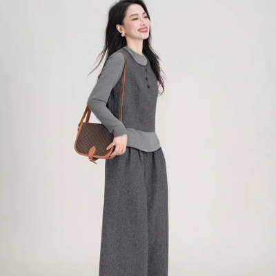 T287   时尚套装三件套长袖气质简约长裤阔腿裤加上衣加马甲