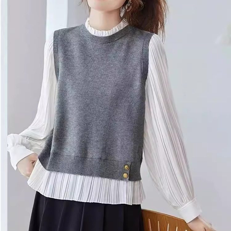 S037    长袖休闲风衬衫套头假两件常规气质百搭