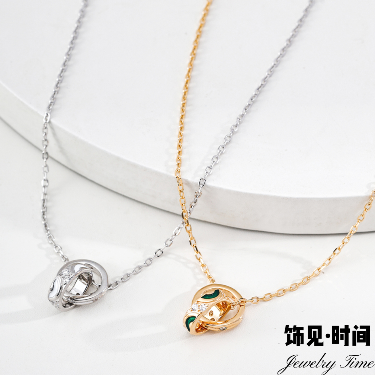 复古时尚锆石双环吊坠项链金属欧美简约锁骨链小众轻奢18K金颈饰