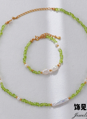 新中式小众设计清新橄榄石绿色串珠项链天然淡水珍珠手链度假风女