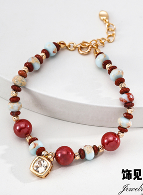 新年红石朱砂寿山石手链红色喜庆锆石复古手串S925银节日配饰礼物