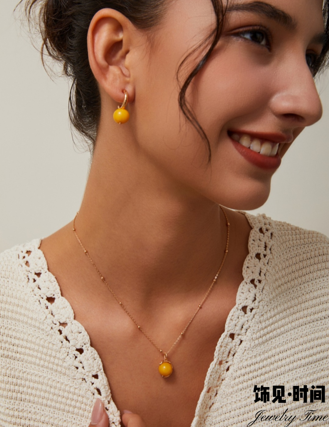 新中式复古蜜蜡锆石耳环轻奢小众项链简约18K金戒指不掉色配饰女