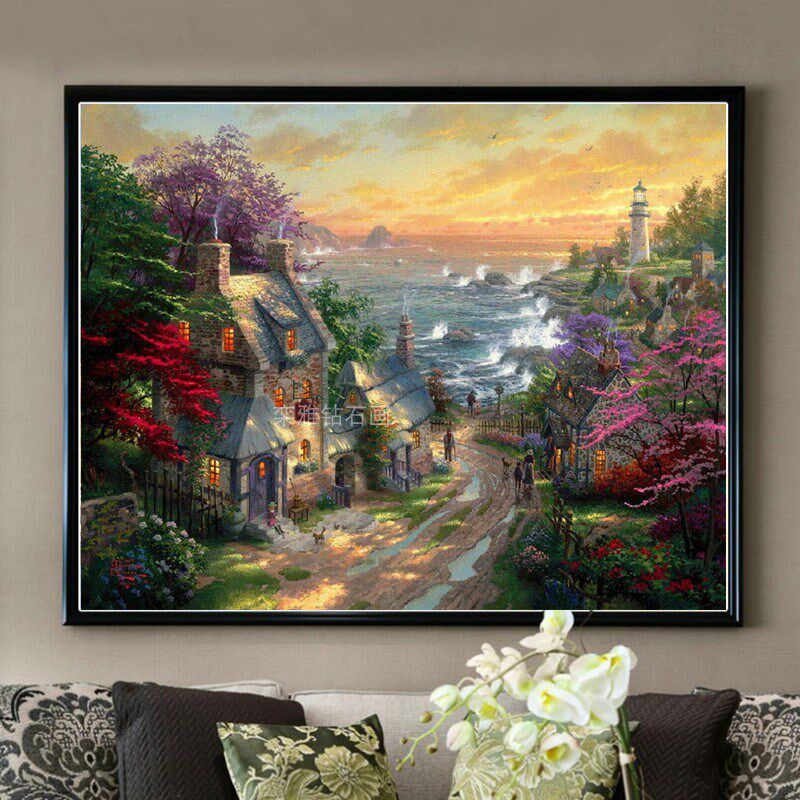 DIY方钻满钻钻石画钻石绣十字绣托马斯油N画海边小镇灯塔春天风景
