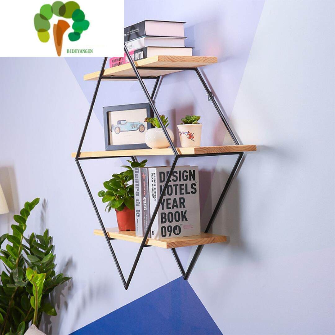 极速客厅铁艺墙壁置物架 壁挂架实木墙上J菱形隔板层架 创意装饰