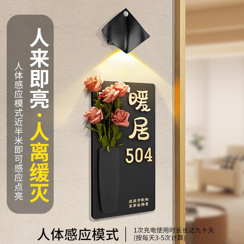 插花门牌号高f级感家用入户门装饰定制民宿包厢轻奢创意木质门外