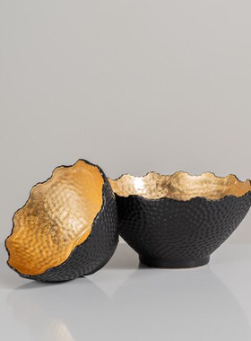 Rzone 高级感手工陶瓷花盆果盘烤黑烫金铝制茶几收W纳盘装饰品摆