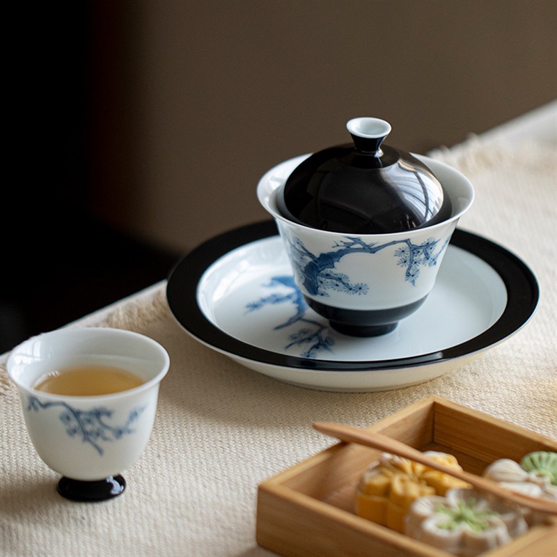 松枝釉下彩手绘松风盖碗复古文z人茶器泡茶碗茶杯薄胎功夫茶具日