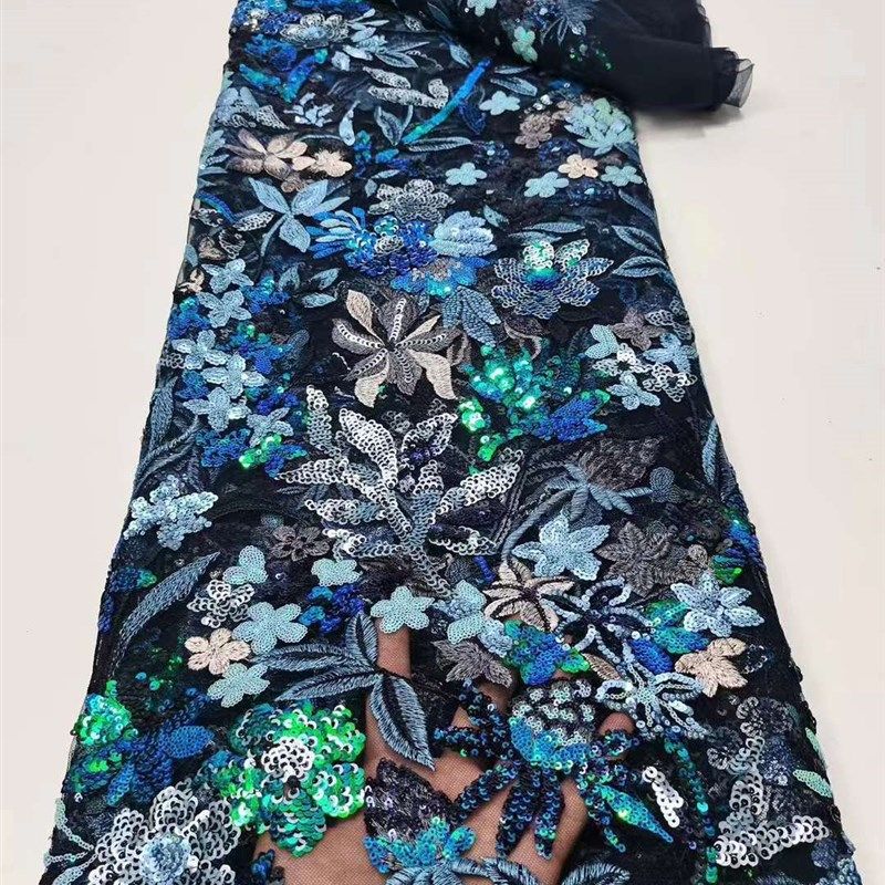 亮片珠管绣网布面料 立体花手工珠刺绣重工M面料 婚纱礼服蕾丝布