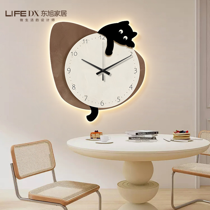 猫咪钟表客厅装饰画创意时钟表2024新款简N约餐厅餐桌背景墙壁挂