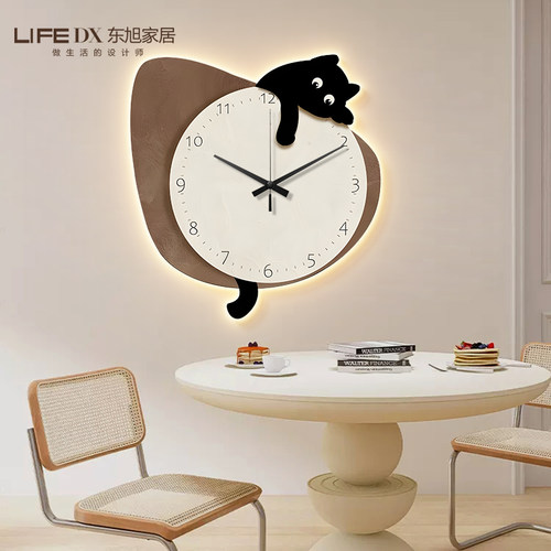 猫咪钟表客厅装饰画创意时钟表2024新款简N约餐厅餐桌背景墙壁挂