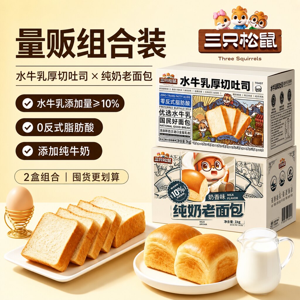 三只松鼠厚切吐司纯奶老面包2kg组合健康营养早餐糕点心零食品