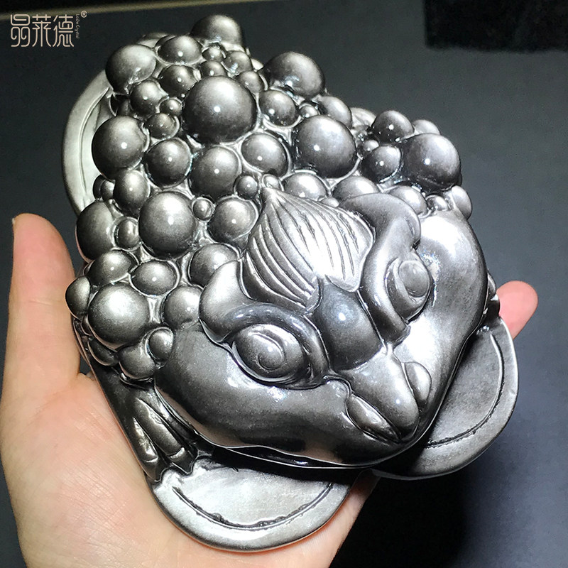 天然银曜石金蟾摆件黑曜石金蟾