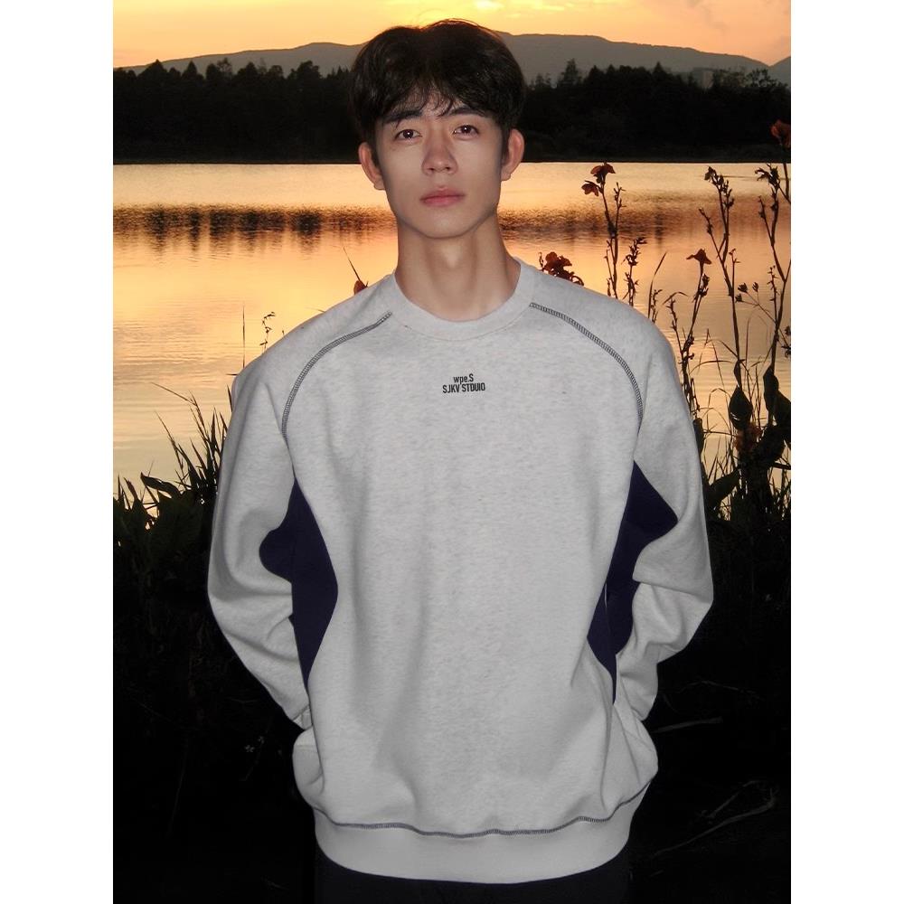 藏J243MH32青式色圆领加绒卫衣男秋冬款美重长袖磅T恤男无帽内式