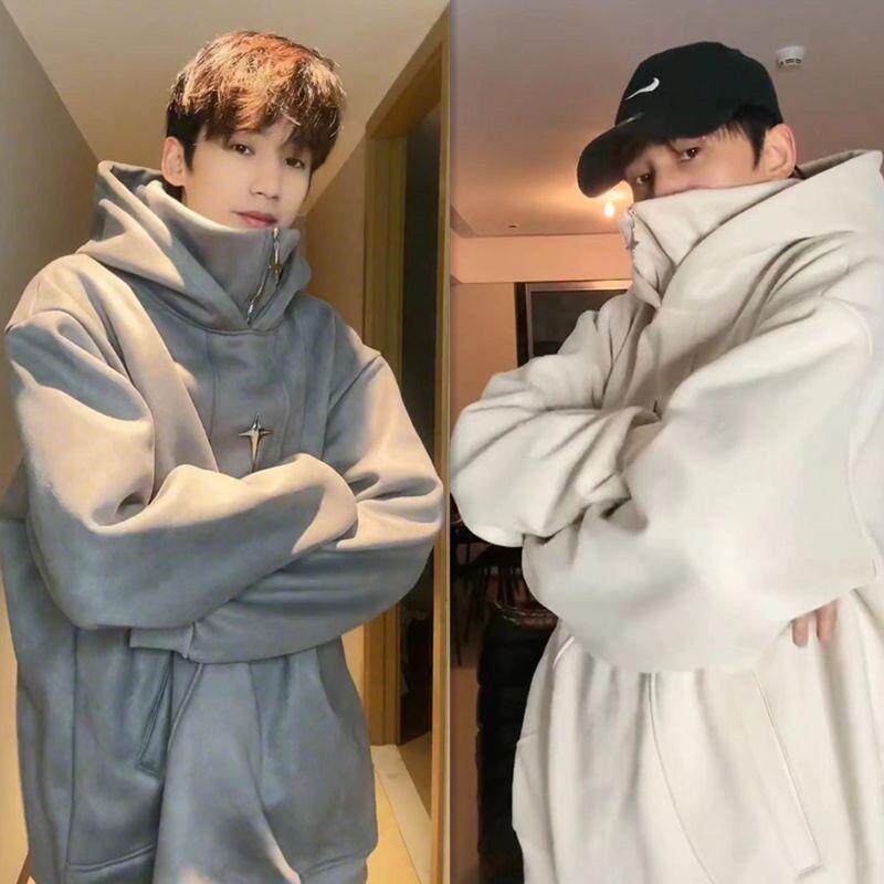 COURSEMYS聪明陈同款重磅秋冬潮牌麂皮绒设计连帽卫衣高领外套男