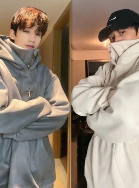 COURSEMYS聪明陈同款重磅秋冬潮牌麂皮绒设计连帽卫衣高领外套男