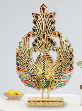 东南亚家居饰品金箔孔雀开屏摆件家用客厅玄关实R木创意装饰品摆