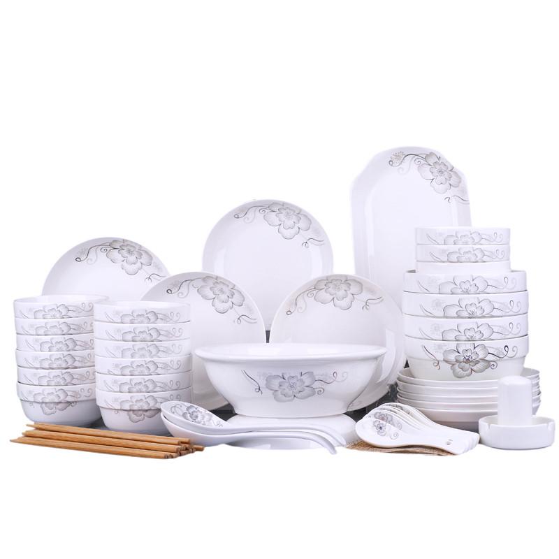 10人家用碗陶瓷碗碟套装中式简约汤碗鱼盘勺筷组Y合可微波餐具