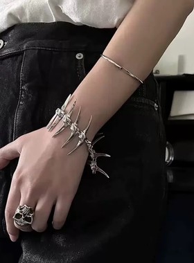 荆棘鱼骨角刺尖牙银色手链男女