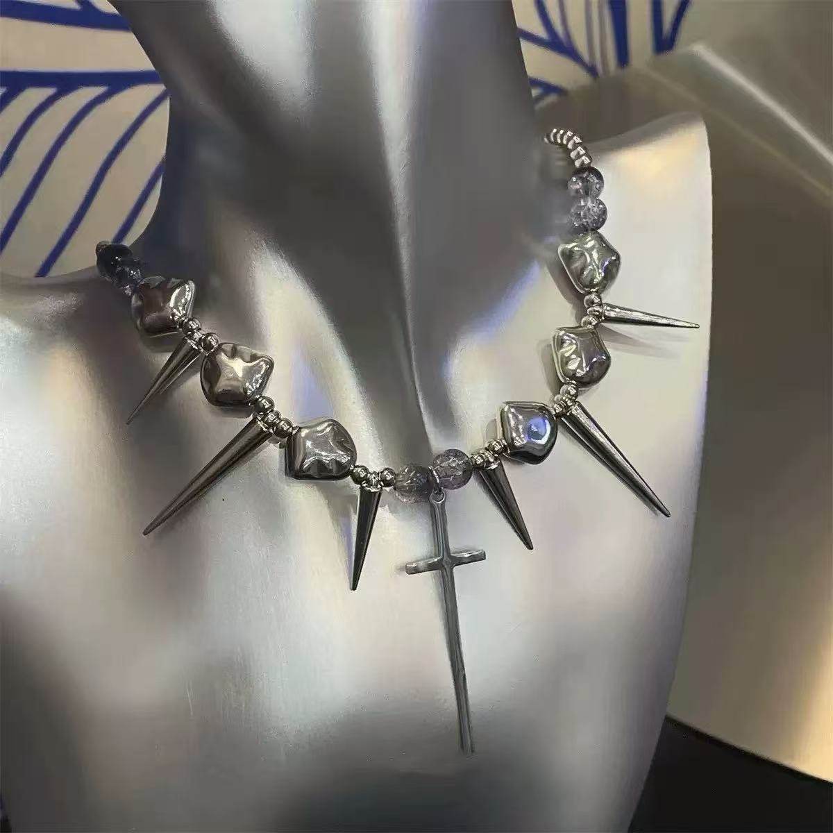thumbnail for Cross punk metal necklace Y2K rivet sense of quality irregular choker subculture accessories men's and women's