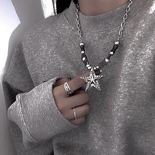 划过星空!重工五角星串珠项链女小众设计高级感朋克嘻哈毛衣链男