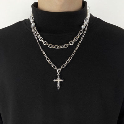 钛钢重工双层叠戴十字架项链男女