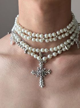 仿珍珠叠戴多层十字架设计感颈链choker小众复古女项链轻奢高级感