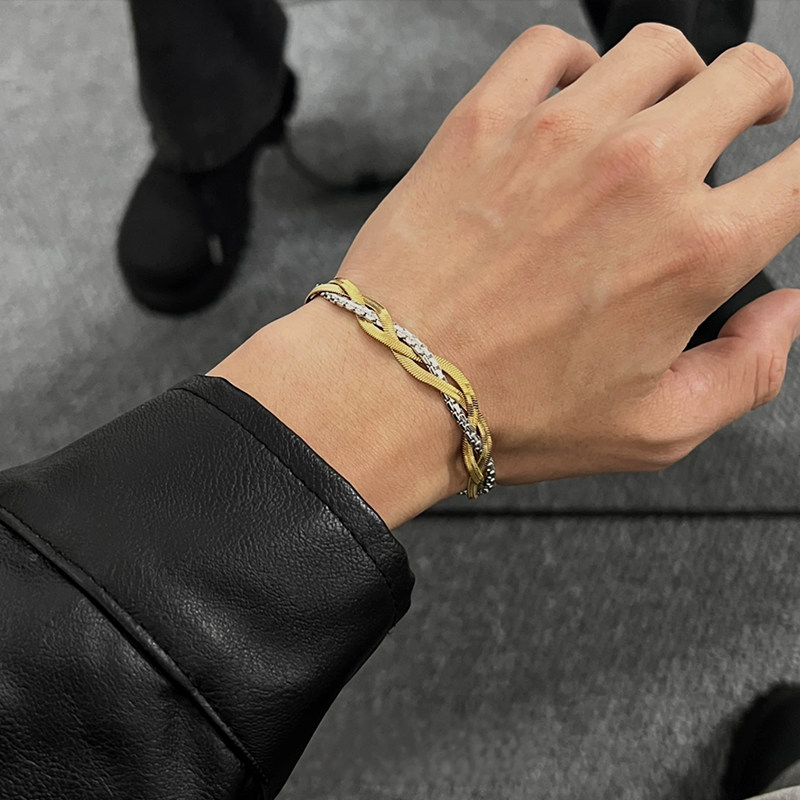 金色麻花缠绕编织蛇骨手链男士小众百搭嘻哈高级感朋克手饰不掉色