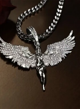 满钻天使女神展翅立体羽毛堕落天使吊坠说唱嘻哈潮男锁骨链ins